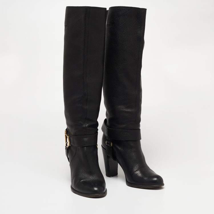 Pre Owned Dior Black Leather CD Buckle Calf Length Boots Size 38
