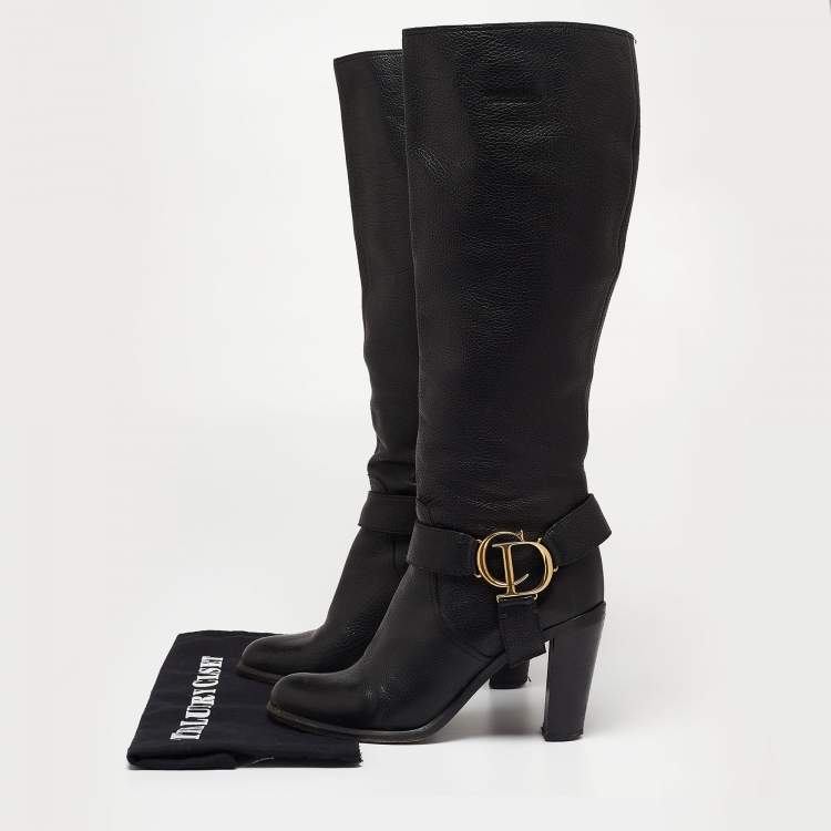 Pre Owned Dior Black Leather CD Buckle Calf Length Boots Size 38
