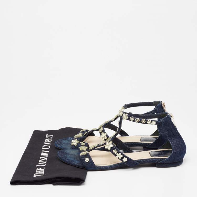 Pre Owned Dior Blue Denim Jewel Embellished Strappy Flat Sandals Size 38.5