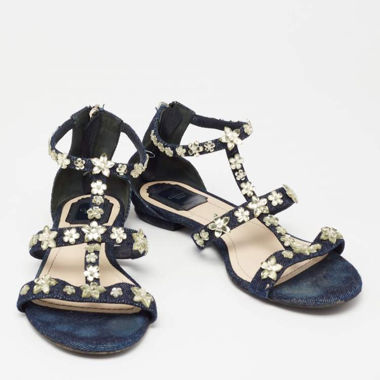 Pre Owned Dior Blue Denim Jewel Embellished Strappy Flat Sandals Size 38.5