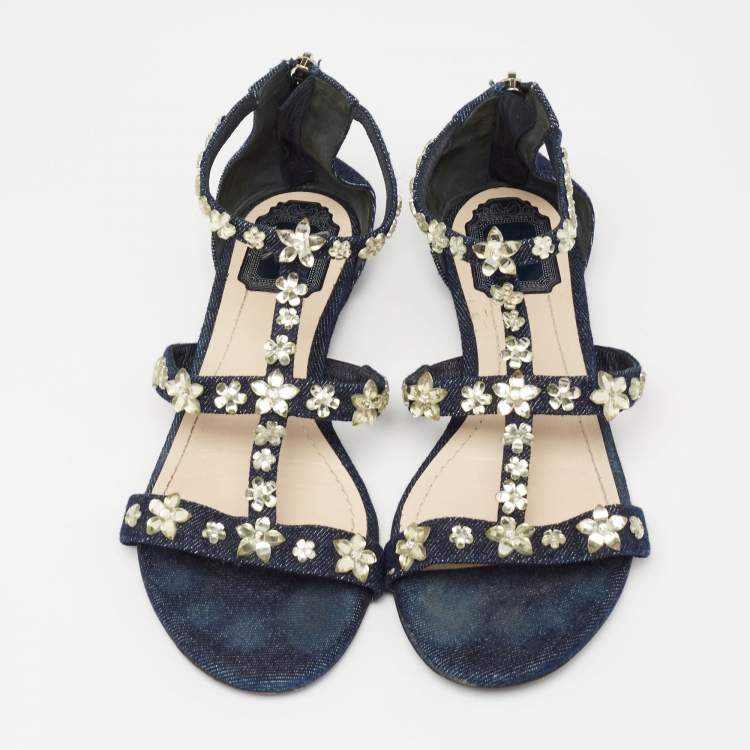 Pre Owned Dior Blue Denim Jewel Embellished Strappy Flat Sandals Size 38.5