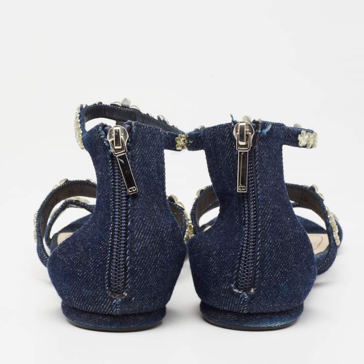 Pre Owned Dior Blue Denim Jewel Embellished Strappy Flat Sandals Size 38.5