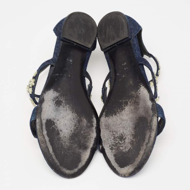 Pre Owned Dior Blue Denim Jewel Embellished Strappy Flat Sandals Size 38.5