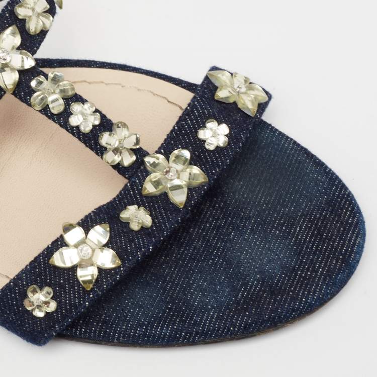 Pre Owned Dior Blue Denim Jewel Embellished Strappy Flat Sandals Size 38.5