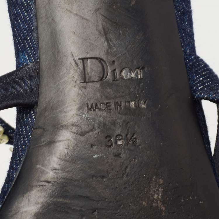 Pre Owned Dior Blue Denim Jewel Embellished Strappy Flat Sandals Size 38.5