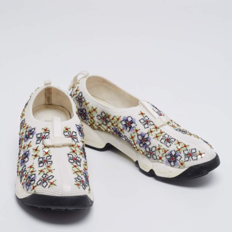 Pre Owned Dior White Mesh Embellished Fusion Slip On Sneakers Size 38