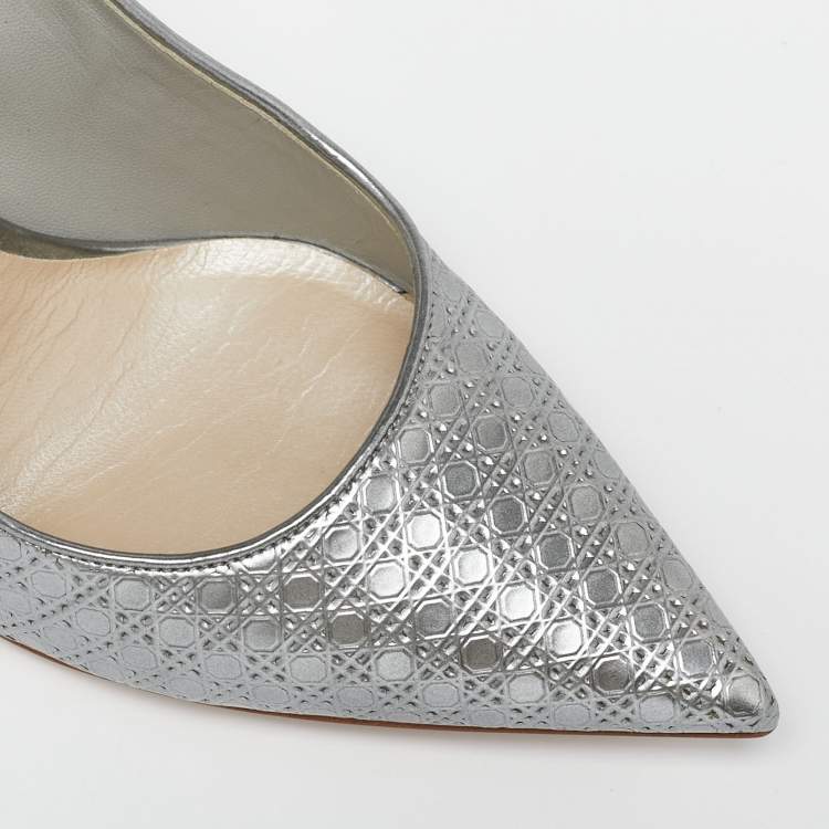 Pre Owned Dior Silver Micro Cannage Leather Cherie Pointed-Toe Pumps Size 36