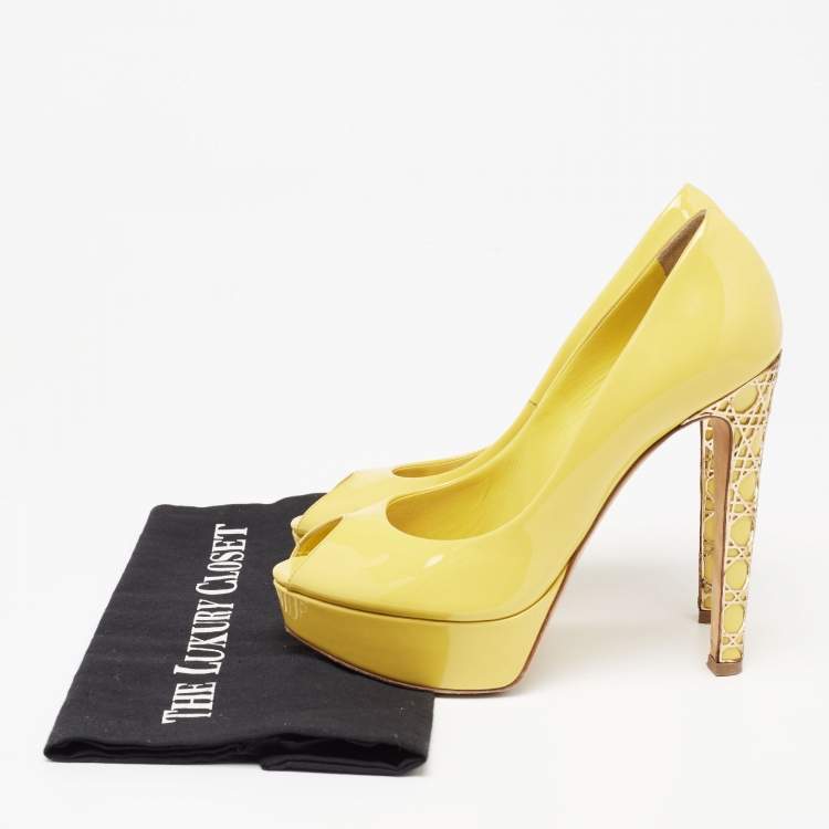 Pre Owned Dior Yellow Patent Leather Peep Toe Cannage Heel Platform Pumps Size 36.5