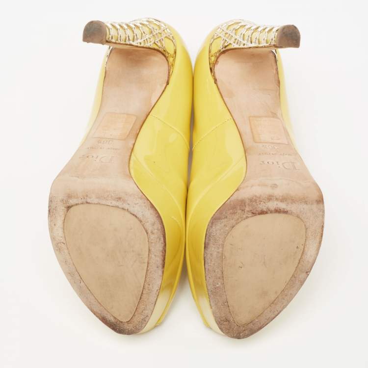 Pre Owned Dior Yellow Patent Leather Peep Toe Cannage Heel Platform Pumps Size 36.5