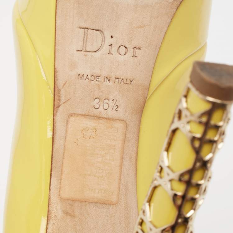 Pre Owned Dior Yellow Patent Leather Peep Toe Cannage Heel Platform Pumps Size 36.5