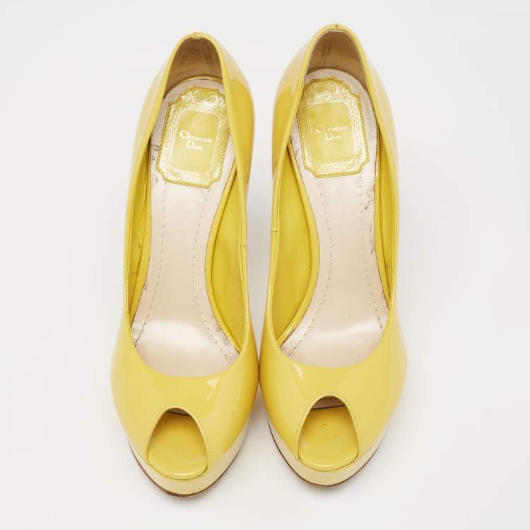 Pre Owned Dior Yellow Patent Leather Peep Toe Cannage Heel Platform Pumps Size 36.5