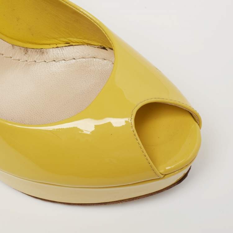 Pre Owned Dior Yellow Patent Leather Peep Toe Cannage Heel Platform Pumps Size 36.5