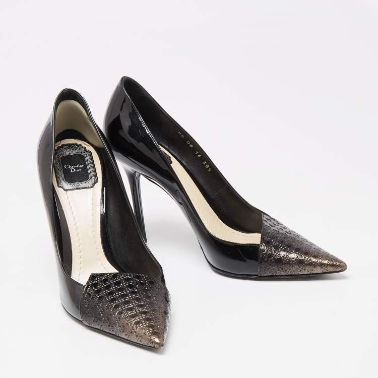 Pre Owned Dior Black Ombre Microcannage Patent Leather Cap Toe Pointed Toe Pumps Size 38.5