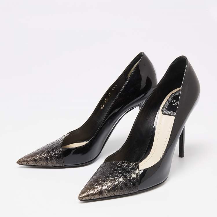Pre Owned Dior Black Ombre Microcannage Patent Leather Cap Toe Pointed Toe Pumps Size 38.5