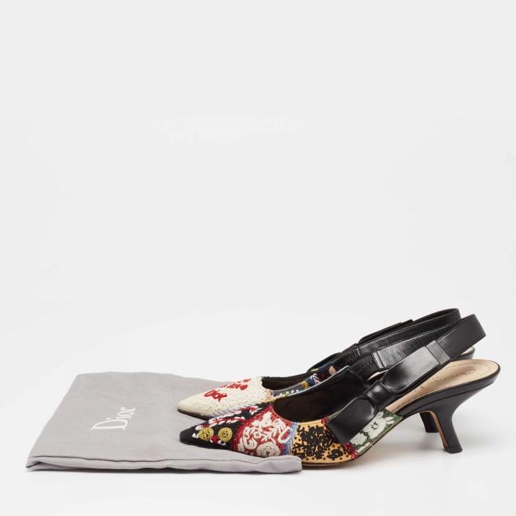 Pre Owned Dior Multicolor Leather And Fabric Embroidered Peace Pointed Toe Slingback Sandals Size 36.5