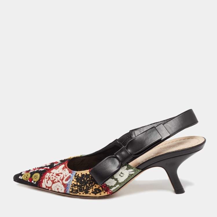 Pre Owned Dior Multicolor Leather And Fabric Embroidered Peace Pointed Toe Slingback Sandals Size 36.5