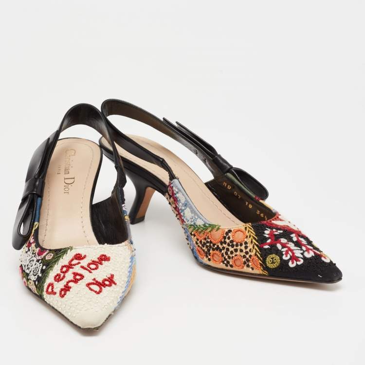 Pre Owned Dior Multicolor Leather And Fabric Embroidered Peace Pointed Toe Slingback Sandals Size 36.5