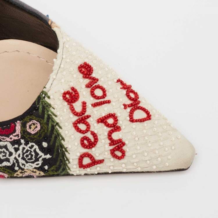 Pre Owned Dior Multicolor Leather And Fabric Embroidered Peace Pointed Toe Slingback Sandals Size 36.5