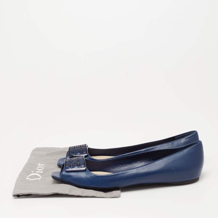 Pre Owned Dior Blue Leather Cannage Plaque Peep-Toe Ballet Flats Size 41.5
