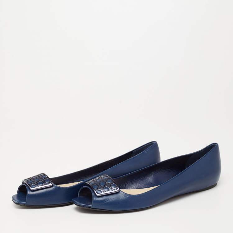 Pre Owned Dior Blue Leather Cannage Plaque Peep-Toe Ballet Flats Size 41.5