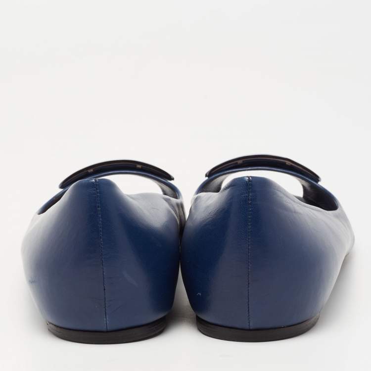 Pre Owned Dior Blue Leather Cannage Plaque Peep-Toe Ballet Flats Size 41.5