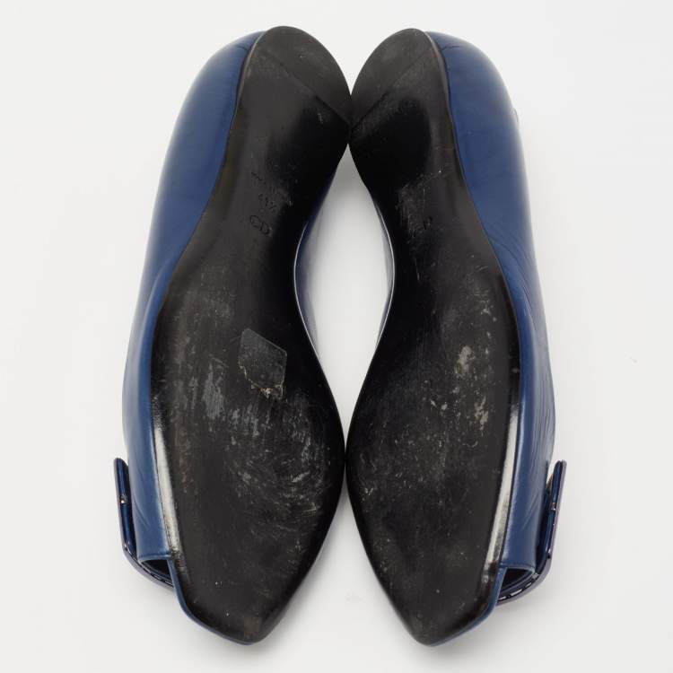 Pre Owned Dior Blue Leather Cannage Plaque Peep-Toe Ballet Flats Size 41.5