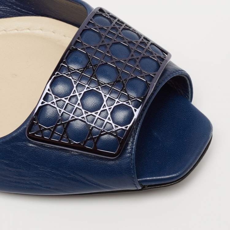 Pre Owned Dior Blue Leather Cannage Plaque Peep-Toe Ballet Flats Size 41.5