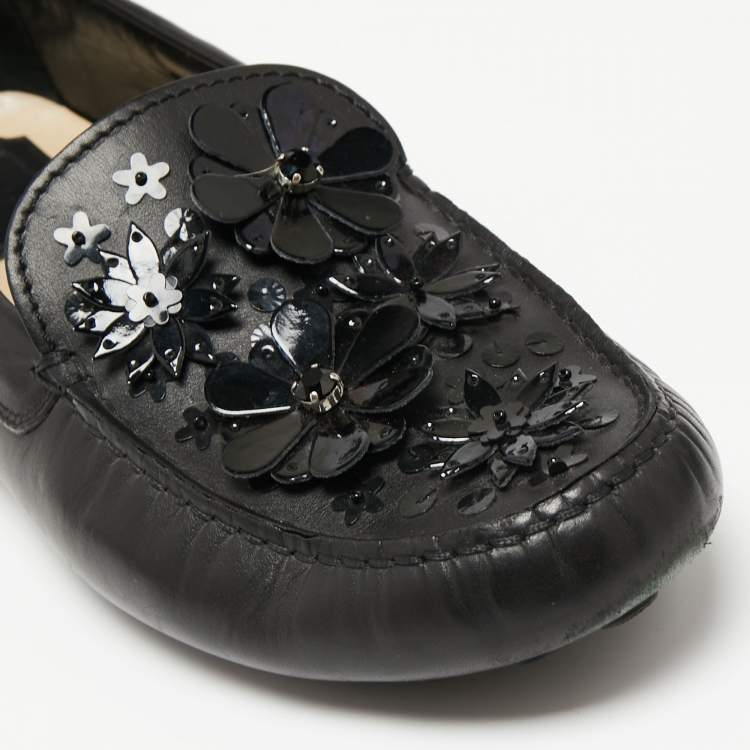 Pre Owned Dior Black Leather Floral Embellished Leather  Loafers Size 39 