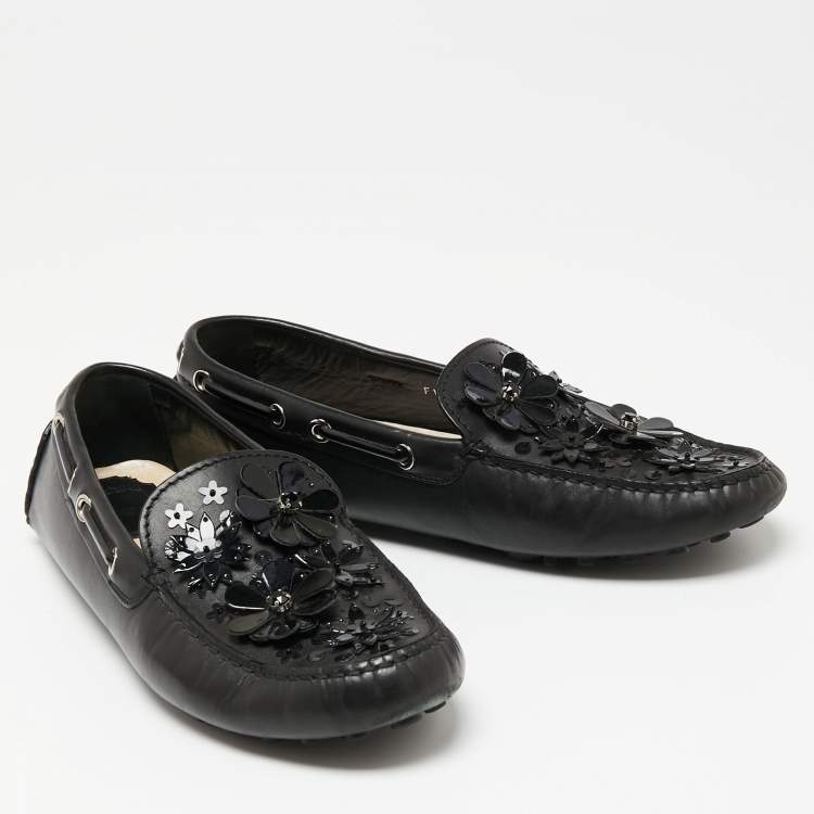Pre Owned Dior Black Leather Floral Embellished Leather  Loafers Size 39 