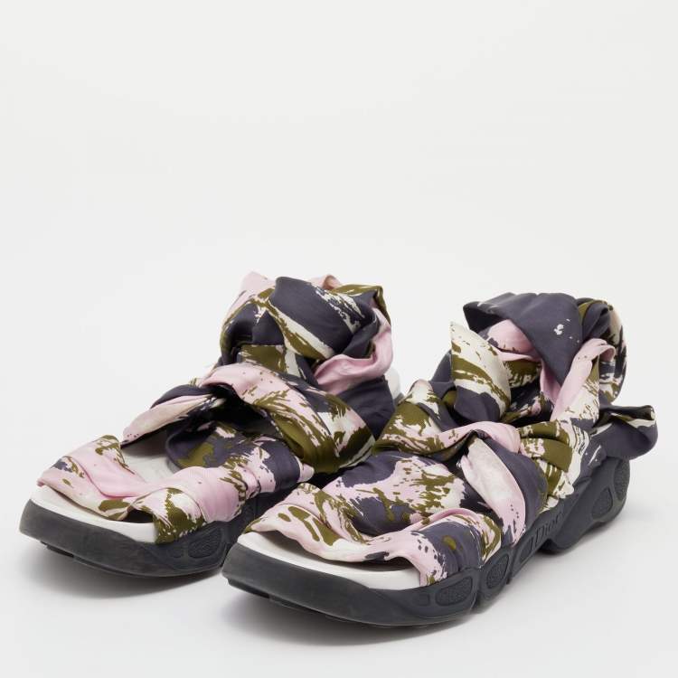 Pre Owned Dior Multicolor Printed Satin Brooklyn Wrap Around Sandals Size 37