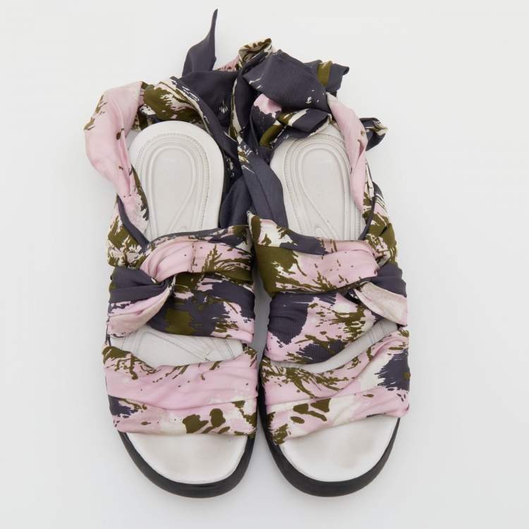 Pre Owned Dior Multicolor Printed Satin Brooklyn Wrap Around Sandals Size 37
