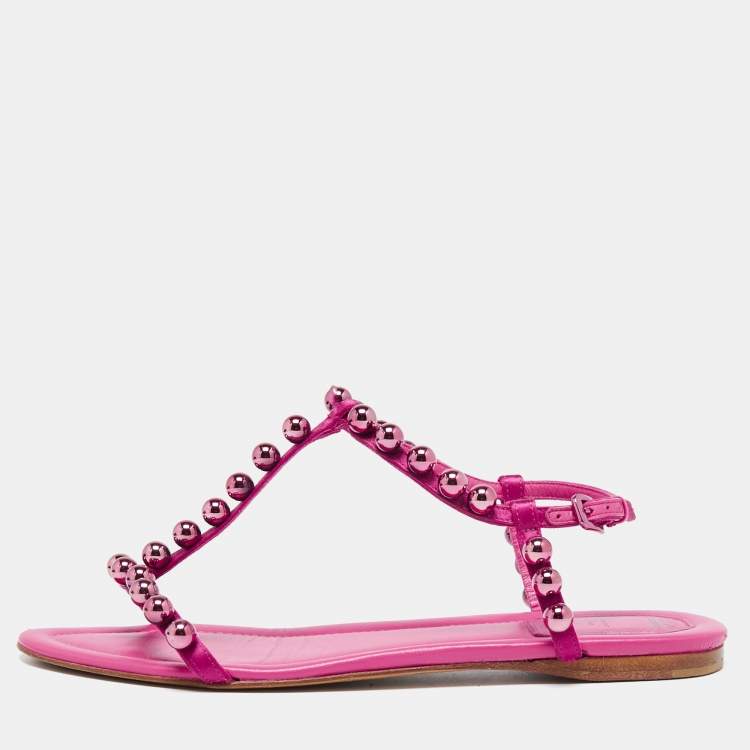 Pre Owned Dior Shocking Pink Leather and Satin Pearl Embellishment T-Strap Flats Size 38