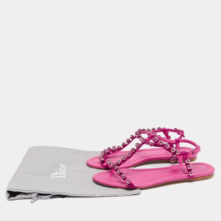 Pre Owned Dior Shocking Pink Leather and Satin Pearl Embellishment T-Strap Flats Size 38