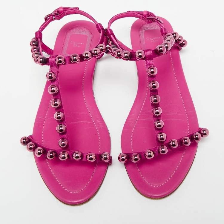 Pre Owned Dior Shocking Pink Leather and Satin Pearl Embellishment T-Strap Flats Size 38