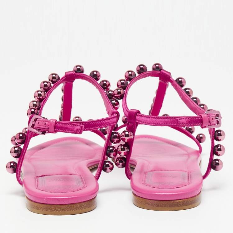 Pre Owned Dior Shocking Pink Leather and Satin Pearl Embellishment T-Strap Flats Size 38