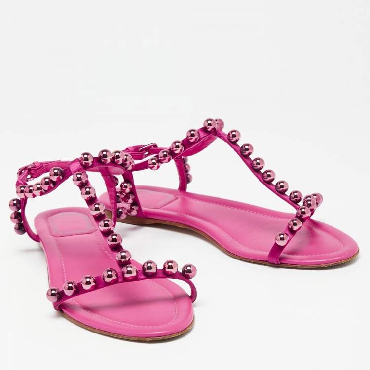 Pre Owned Dior Shocking Pink Leather and Satin Pearl Embellishment T-Strap Flats Size 38