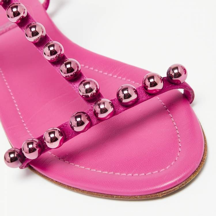 Pre Owned Dior Shocking Pink Leather and Satin Pearl Embellishment T-Strap Flats Size 38
