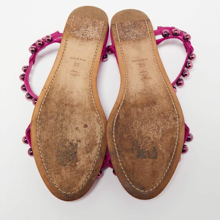 Pre Owned Dior Shocking Pink Leather and Satin Pearl Embellishment T-Strap Flats Size 38