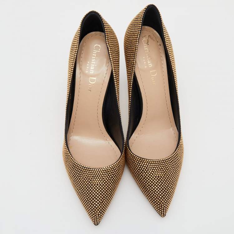 مملوكة مسبقًا Dior Black/Gold Studded Suede Pointed Toe Pumps Size 37