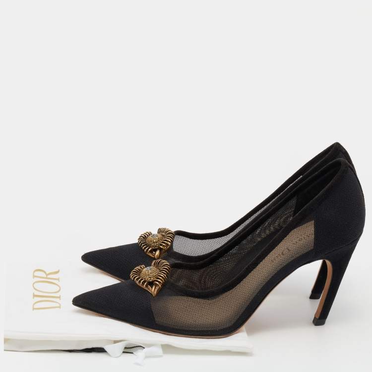 Pre Owned Dior Black Mesh And Suede Surreal D Eye Detail Pointed Toe Pumps Size 37