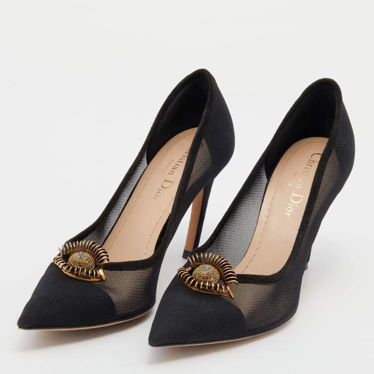 Pre Owned Dior Black Mesh And Suede Surreal D Eye Detail Pointed Toe Pumps Size 37
