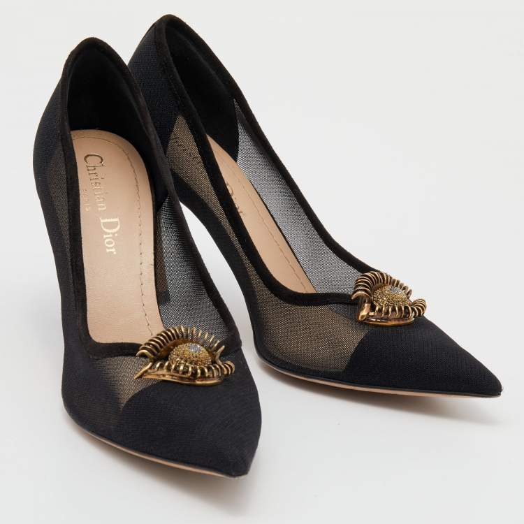 Pre Owned Dior Black Mesh And Suede Surreal D Eye Detail Pointed Toe Pumps Size 37