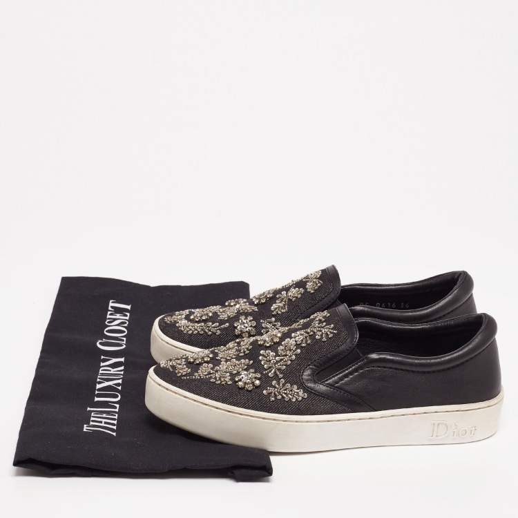 Pre Owned Dior Black Denim And Leather Happy Crystal Embellished Slip On Sneakers Size 36