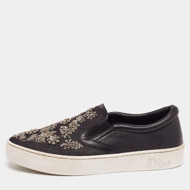 Pre Owned Dior Black Denim And Leather Happy Crystal Embellished Slip On Sneakers Size 36