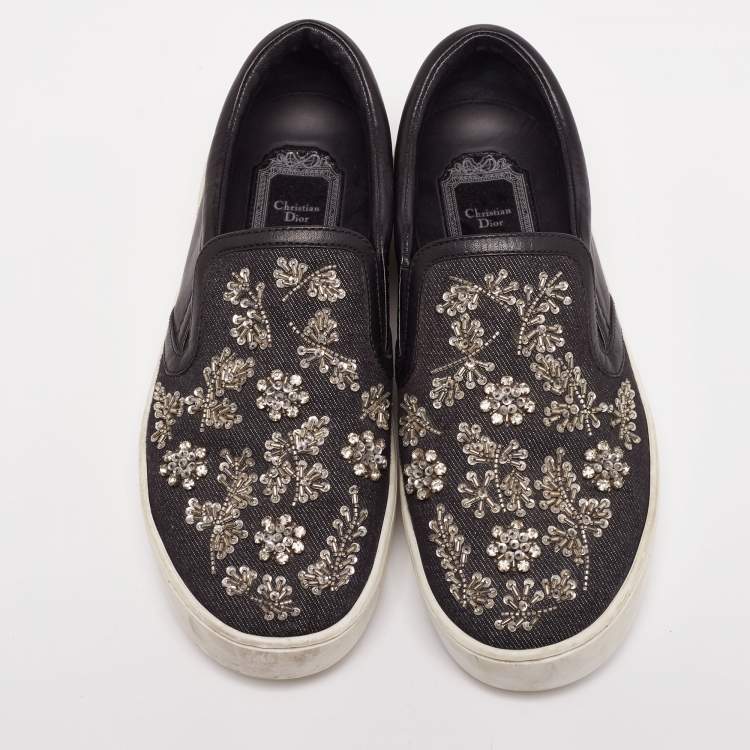 Pre Owned Dior Black Denim And Leather Happy Crystal Embellished Slip On Sneakers Size 36