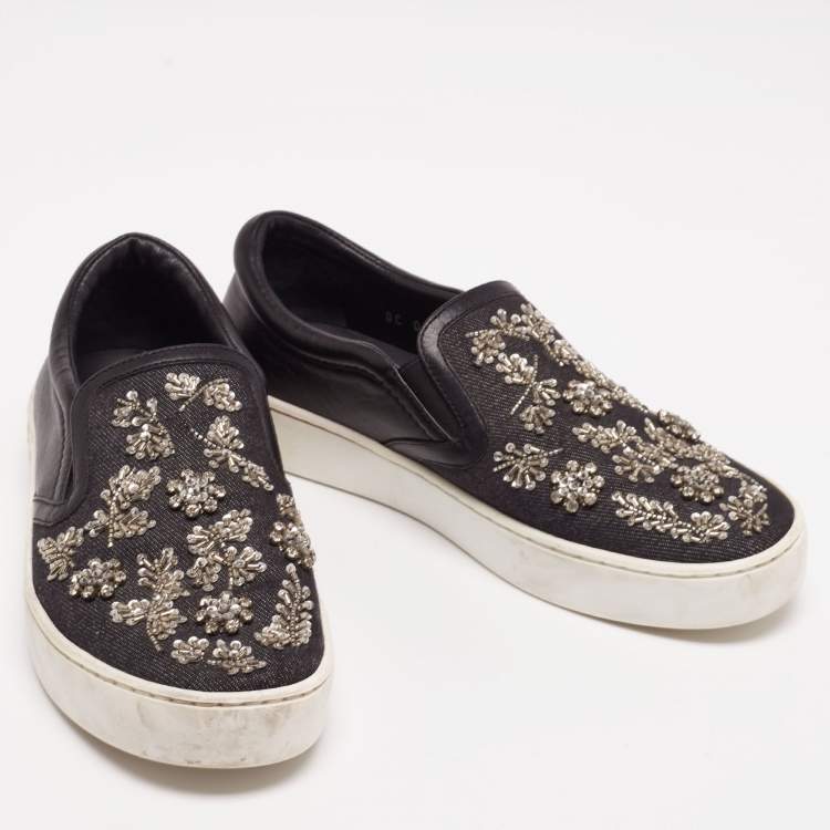 Pre Owned Dior Black Denim And Leather Happy Crystal Embellished Slip On Sneakers Size 36