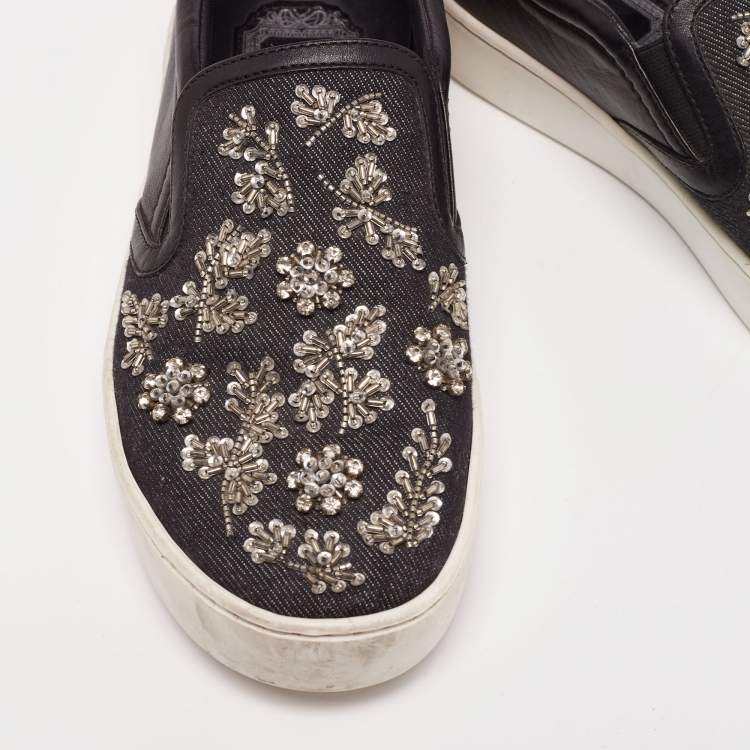 Pre Owned Dior Black Denim And Leather Happy Crystal Embellished Slip On Sneakers Size 36
