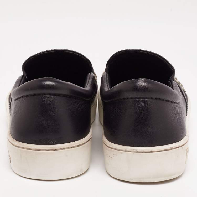 Pre Owned Dior Black Denim And Leather Happy Crystal Embellished Slip On Sneakers Size 36