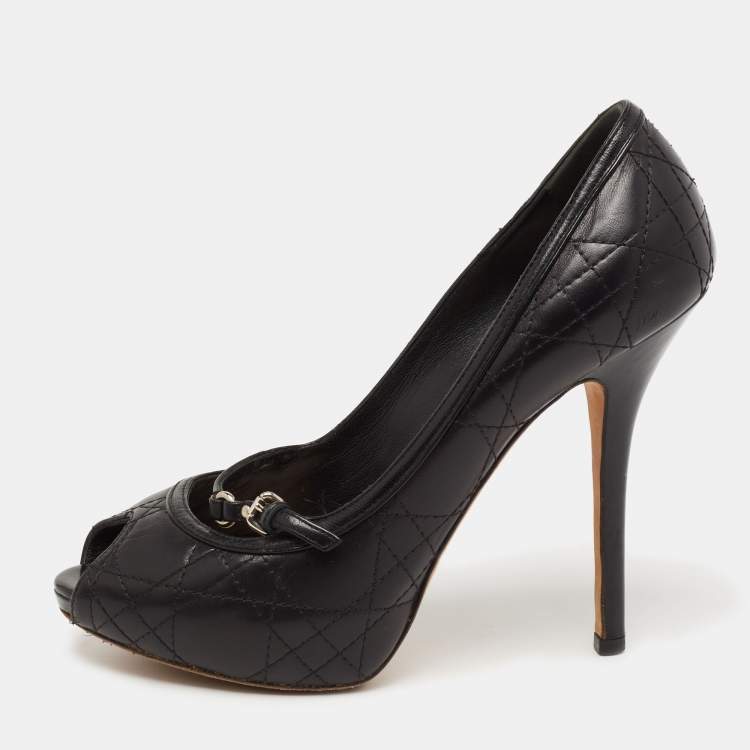 Pre Owned Dior Black Cannage Leather Peep Toe Pumps Size 36.5