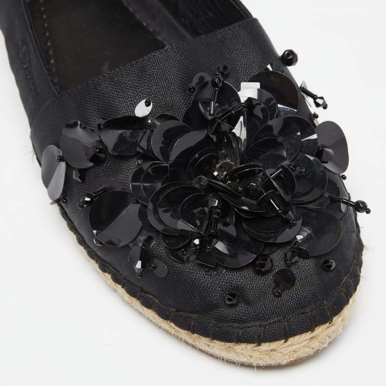 Pre Owned Dior Black Fabric Sequin Embellished Flat Espadrilles Size 37.5
